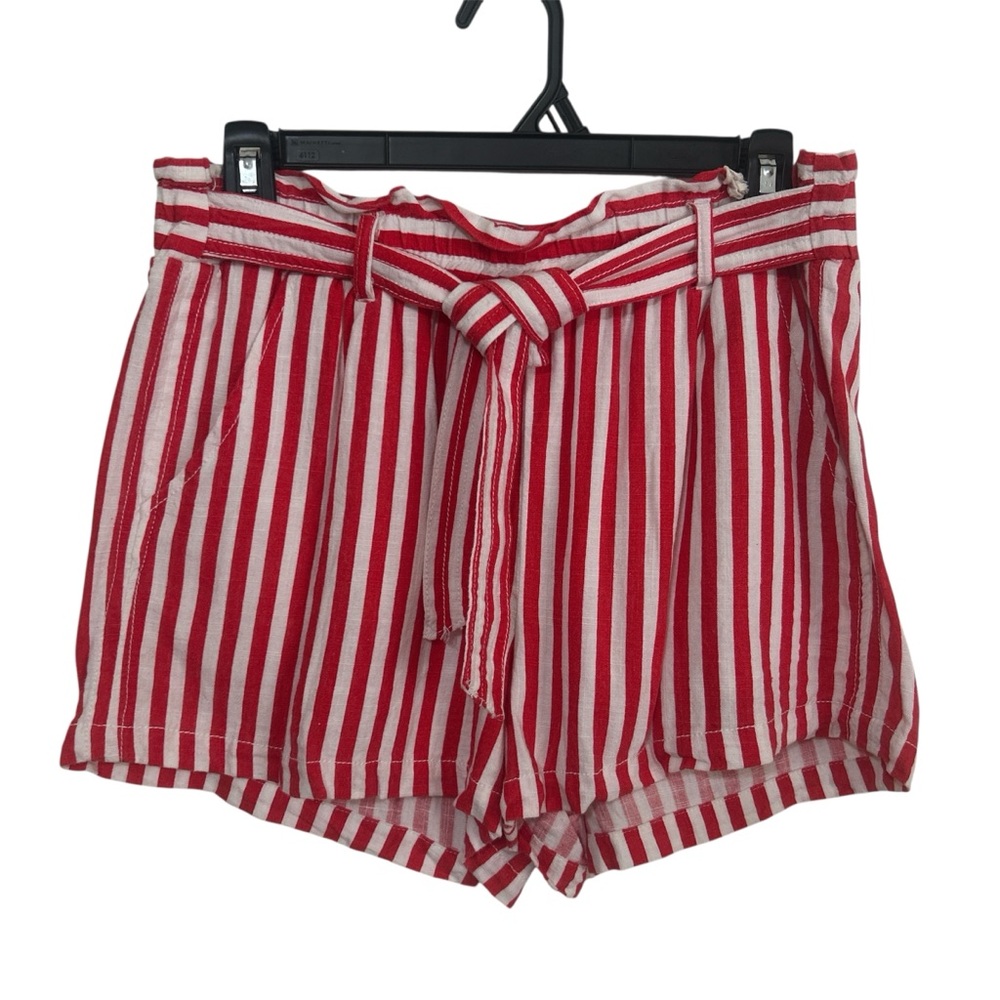 April Kiss Red & White Striped Linen Blend Paperbag Waist Beach Shorts